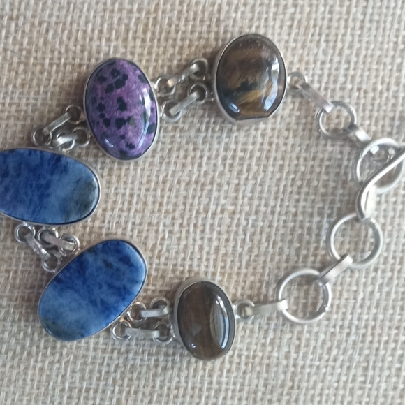 Sterling Silver Vintage Multi -Stone Tiger Eye, Sodalite Bracelet - Picture 2 of 12